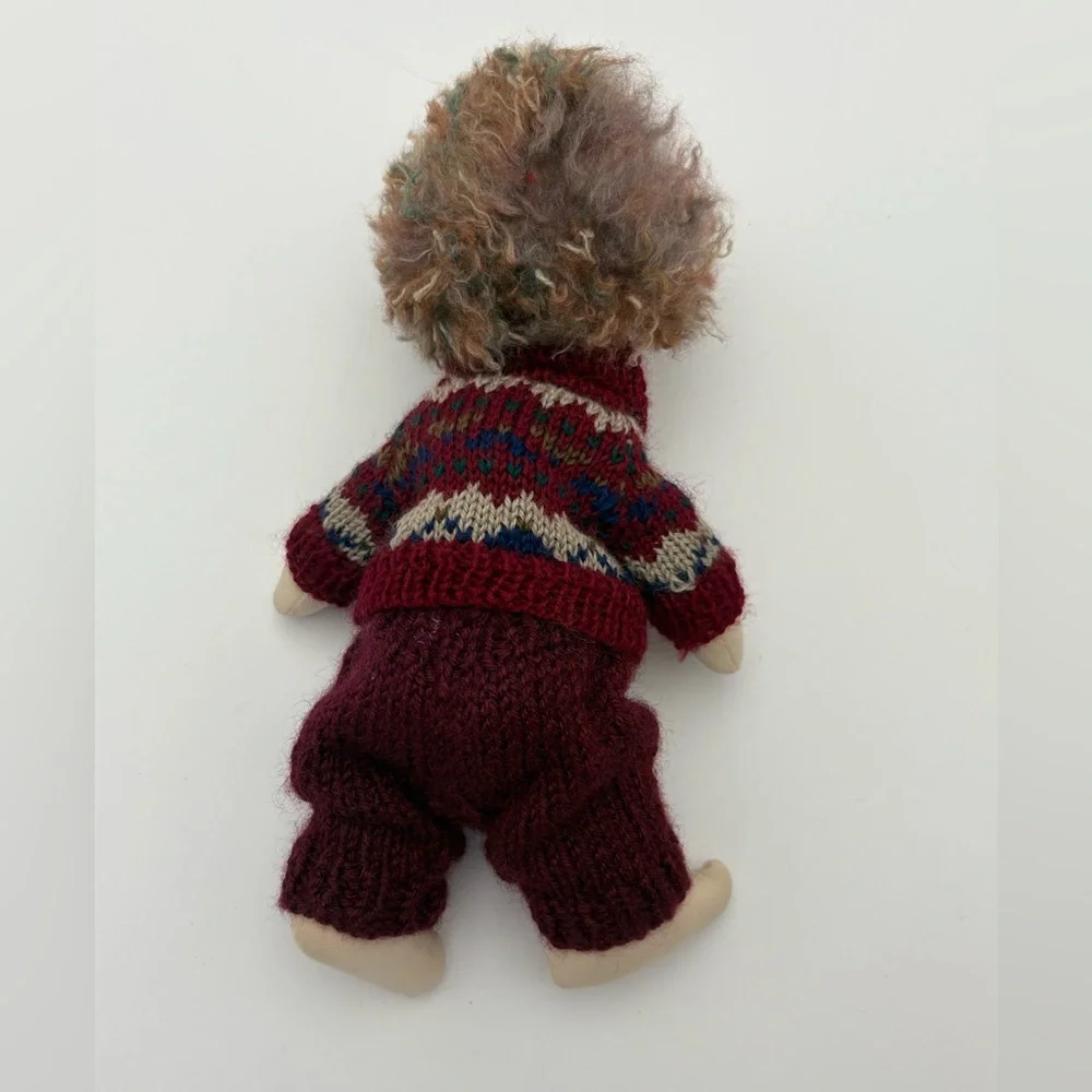 Handcrafted Plush Doll with Knitted Burgundy Sweater